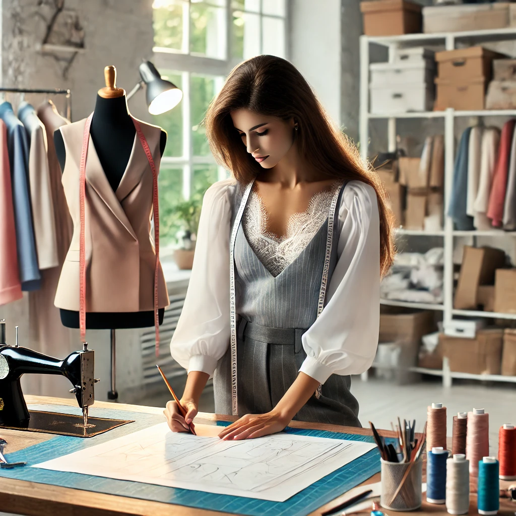 Desainer fashion sedang bekerja merancang pola baju untuk brand fashion miliknya